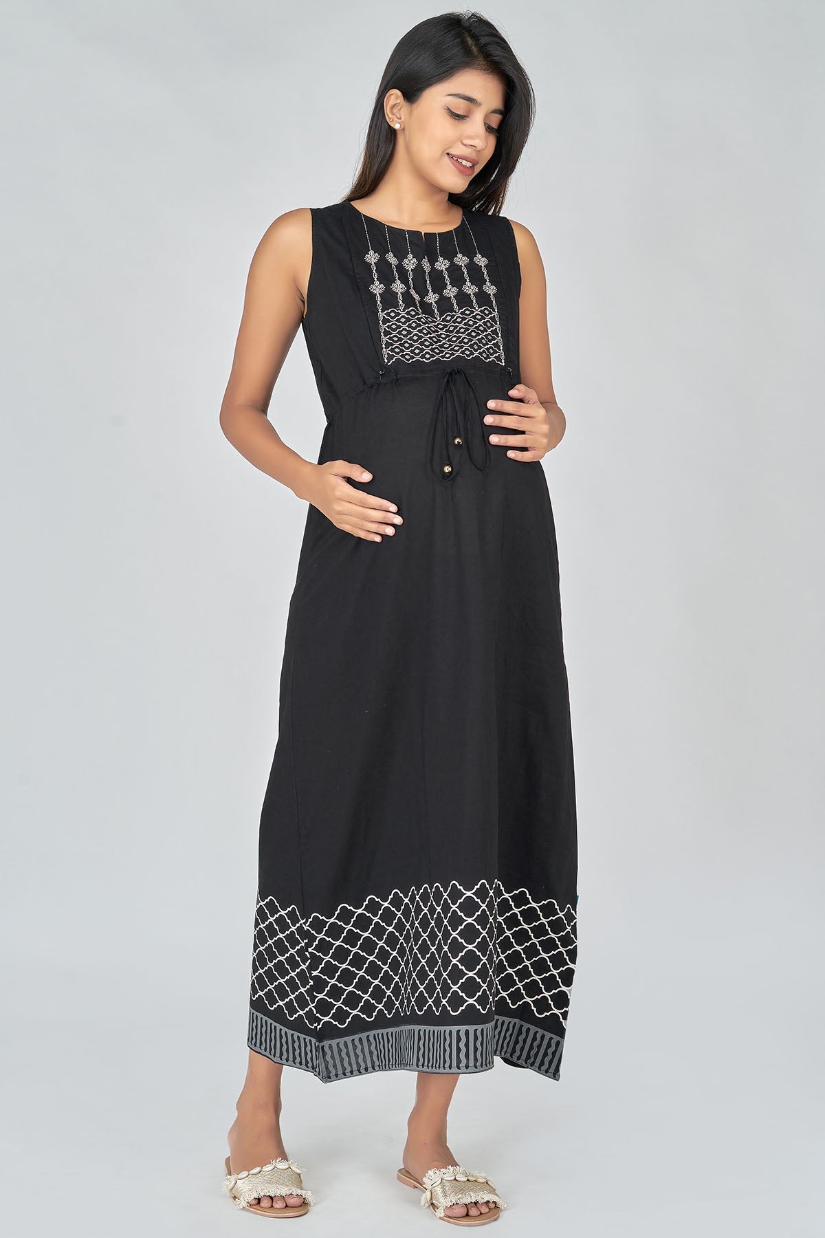 Floral Embroidered Tie Waist Maternity Long Dress - Black