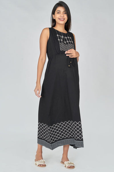 Floral Embroidered Tie Waist Maternity Long Dress - Black