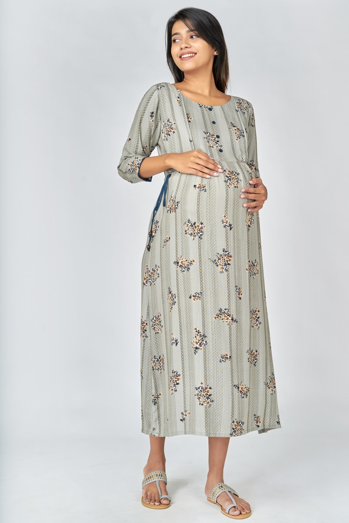 Floral & Dotted Print Maternity Long Dress- Grey