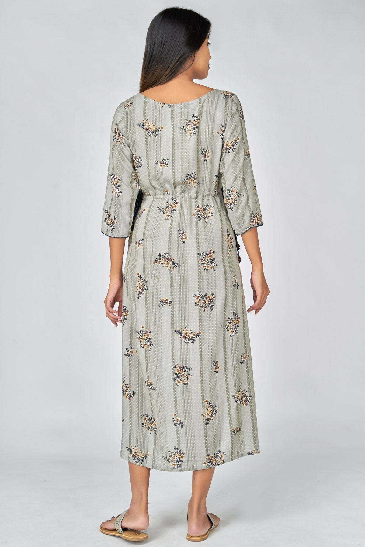 Floral & Dotted Print Maternity Long Dress- Grey