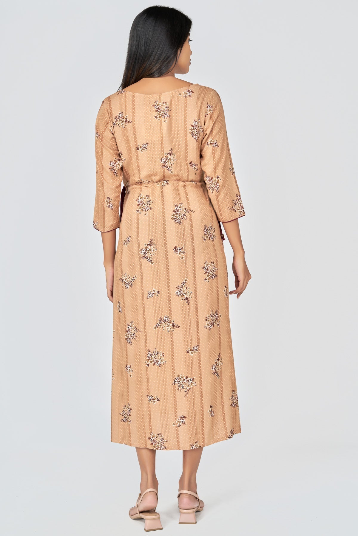 Floral & Dotted Print Maternity Long Dress - Beige