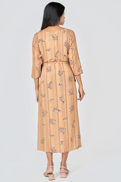 Floral & Dotted Print Maternity Long Dress - Beige