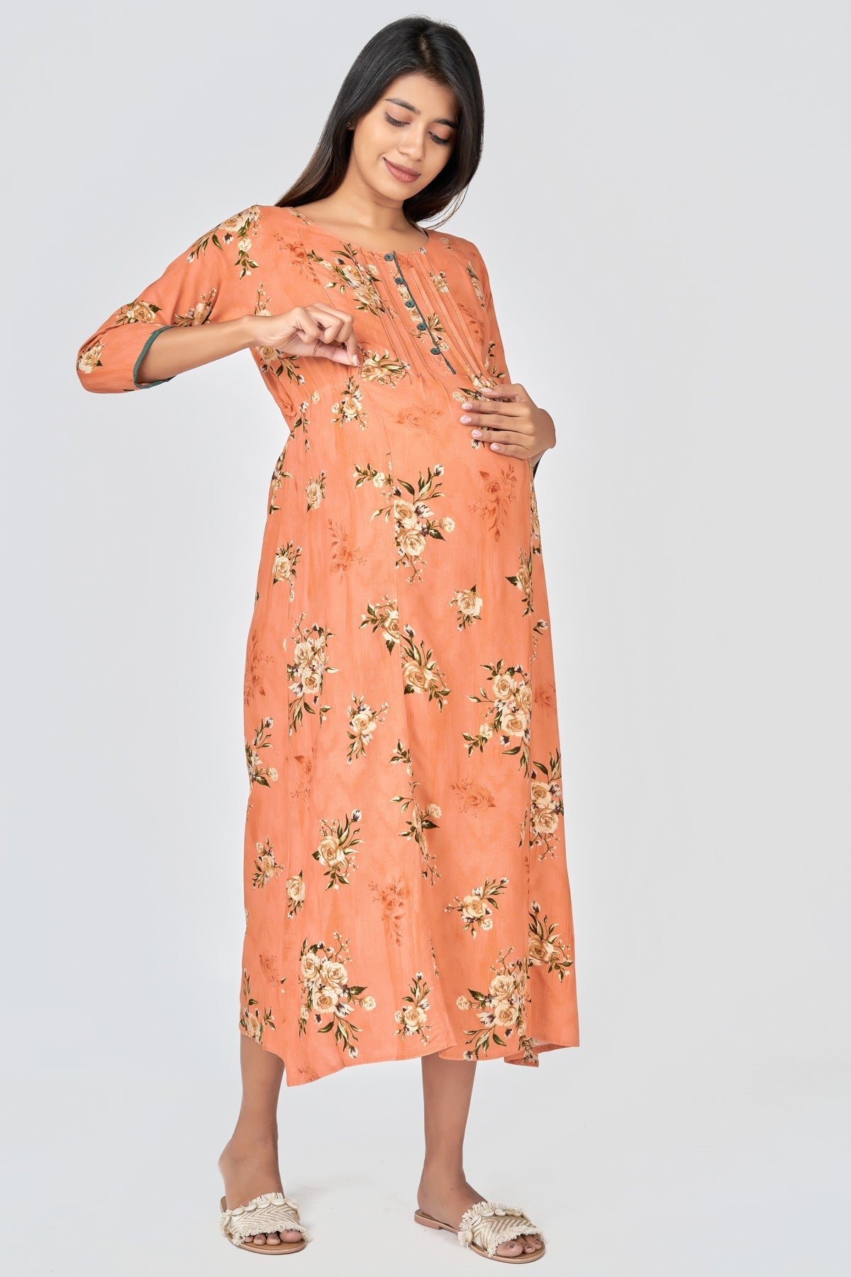 Khari Floral Printed Maternity Long Dress- Orange