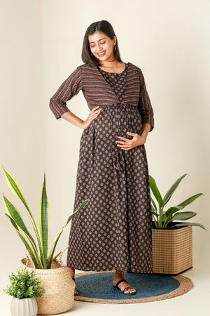 Ajrakh Printed Maternity Dress with Printed Jacket Black
