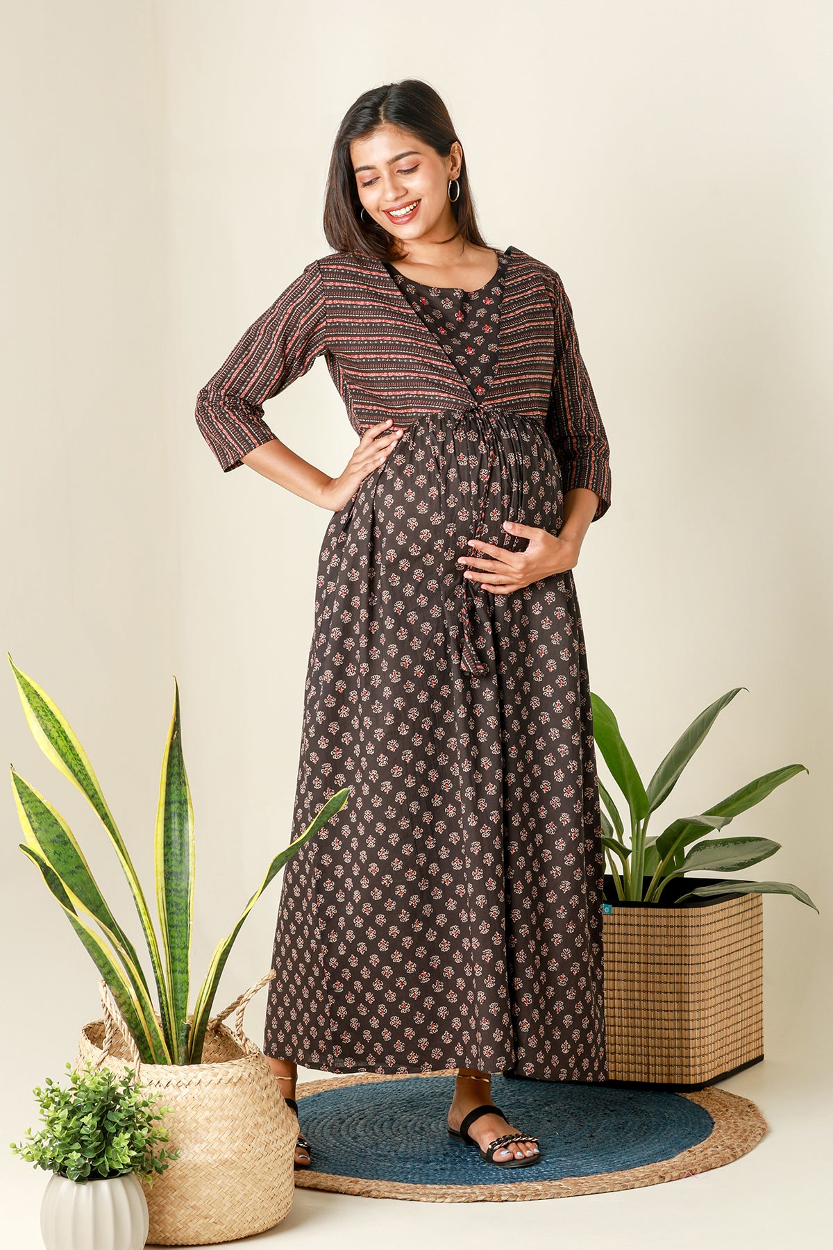 Ajrakh Printed Maternity Dress with Printed Jacket Black