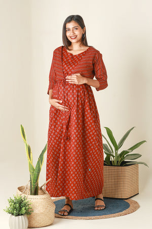 Ajrakh Printed Maternity Dress with Printed Jacket Red
