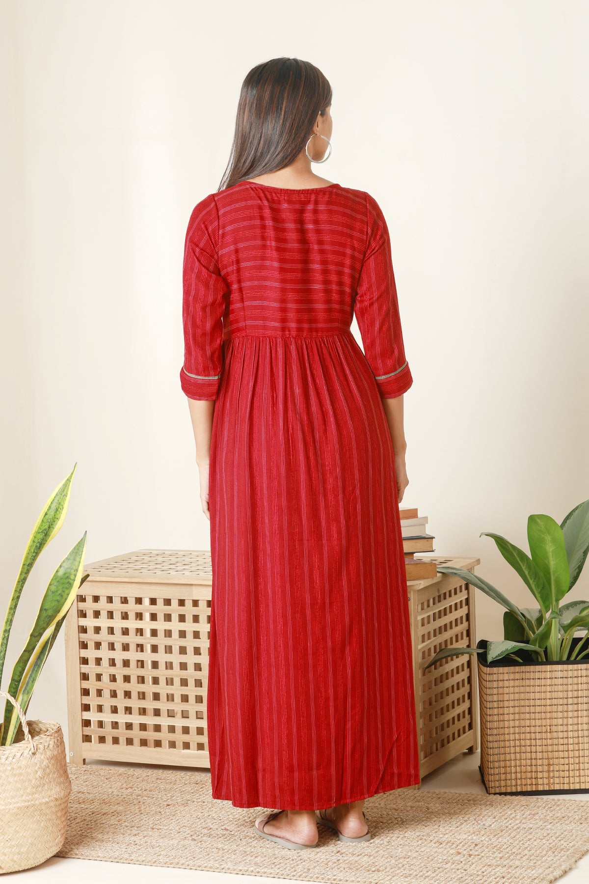 Textured Striped Maternity Dress with Pockets Maroon

