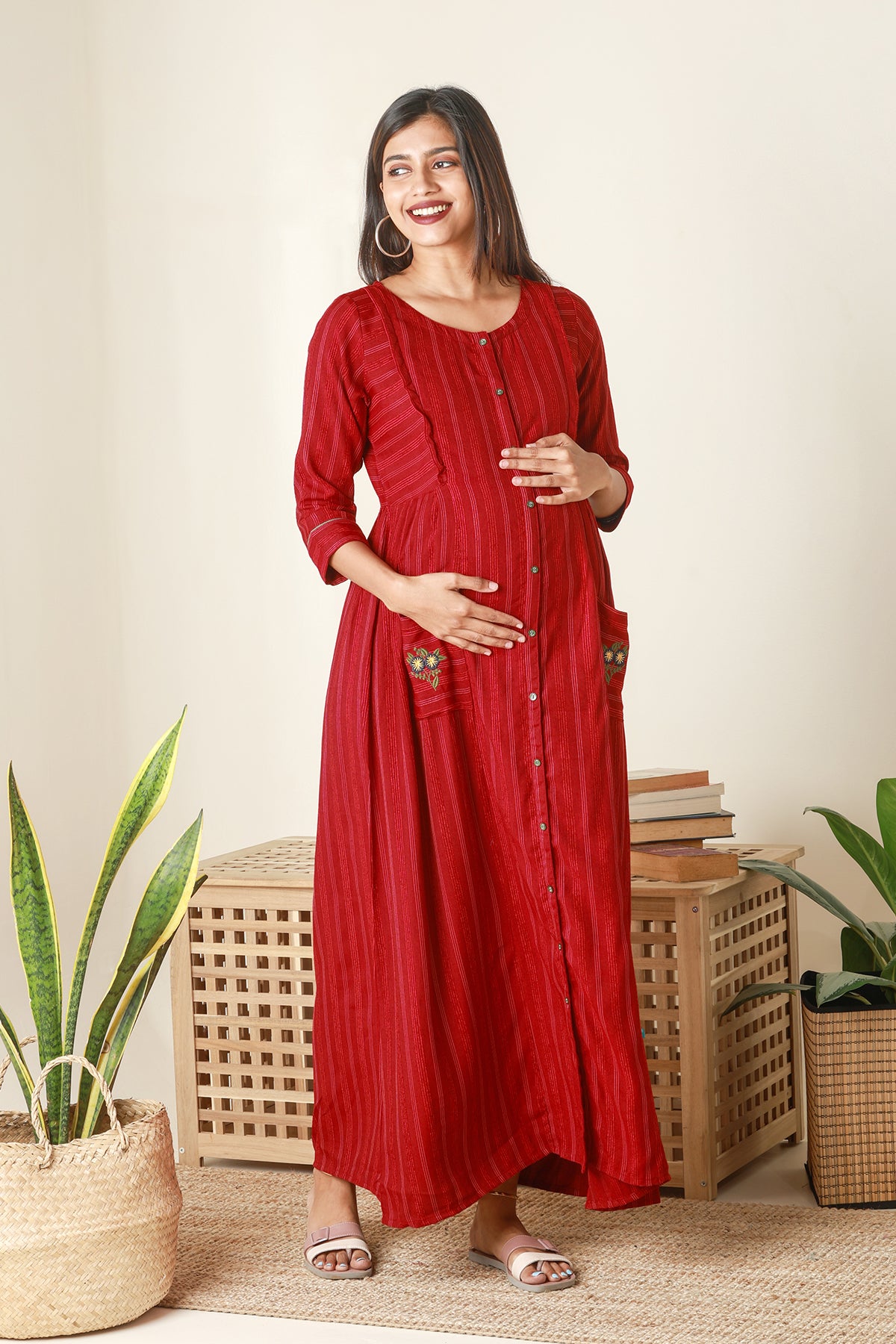 Textured Striped Maternity Dress with Pockets Maroon