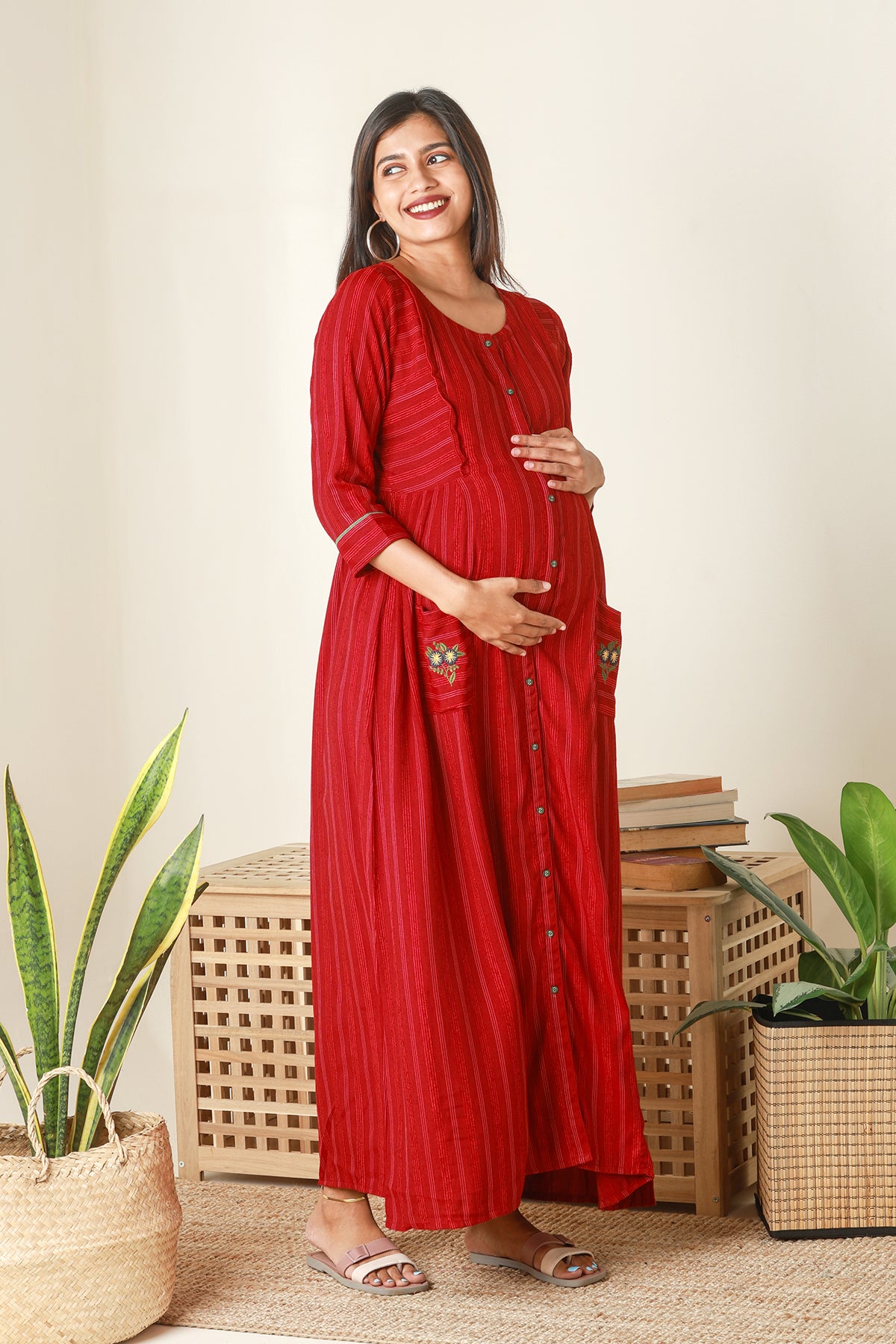 Textured Striped Maternity Dress with Pockets Maroon
