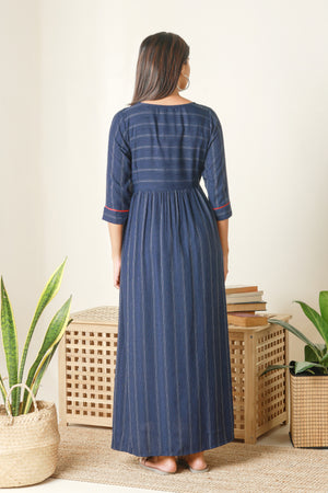 Textured Striped Maternity Dress with pockets Navy Blue
