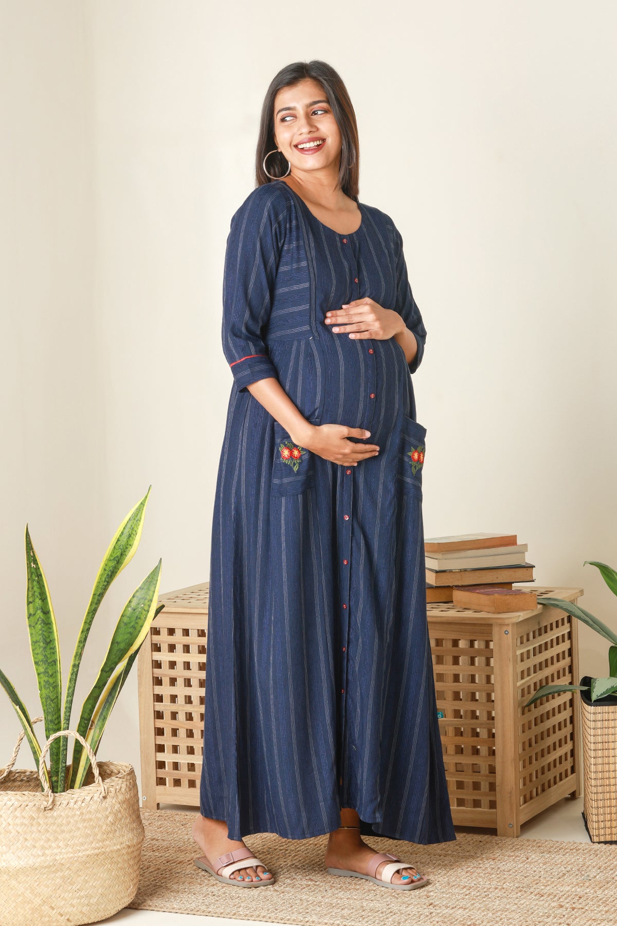 Textured Striped Maternity Dress with pockets Navy Blue
