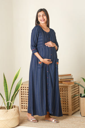 Textured Striped Maternity Dress with pockets Navy Blue