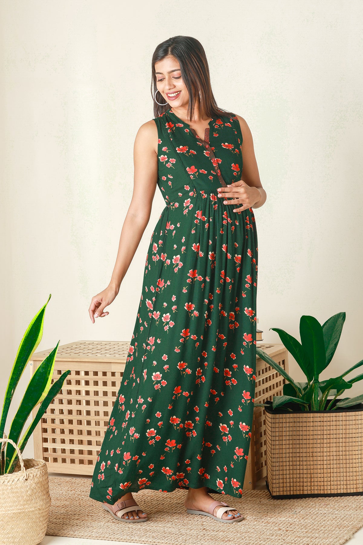 Contemporary Floral Printed Maternity Dress Green
