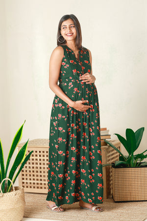 Contemporary Floral Printed Maternity Dress Green
