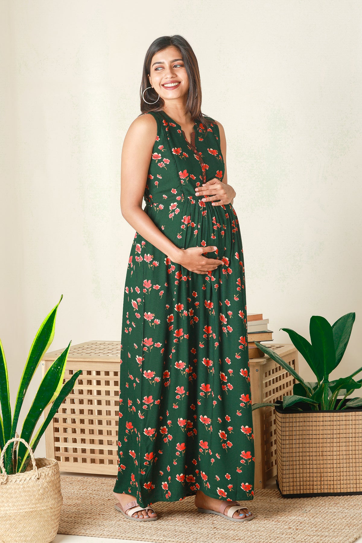 Contemporary Floral Printed Maternity Dress Green