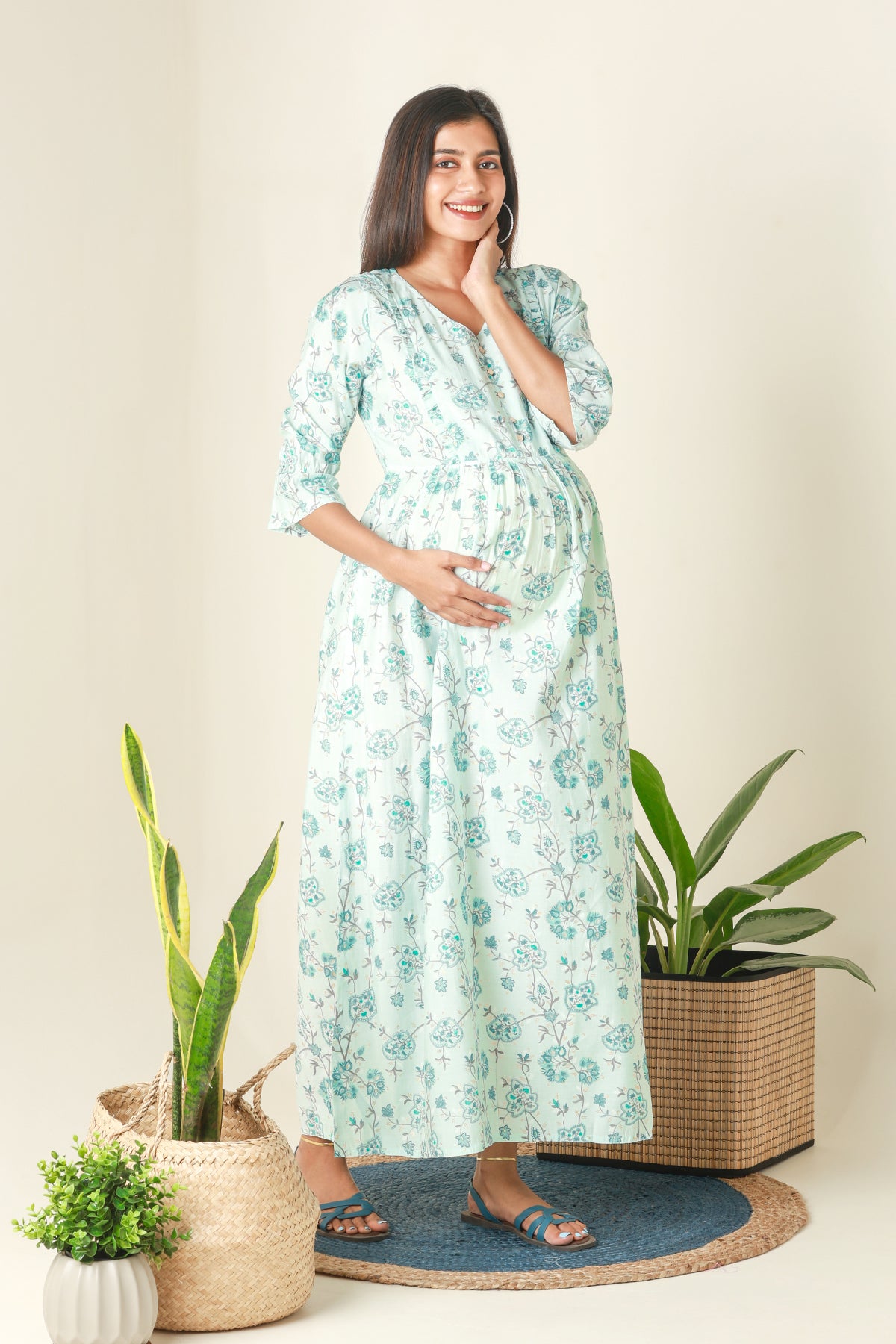 All Over Floral Printed Maternity Dress with Ruffled Yoke Blue