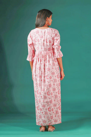 All Over Floral Printed Maternity Dress with Ruffled Yoke Pink
