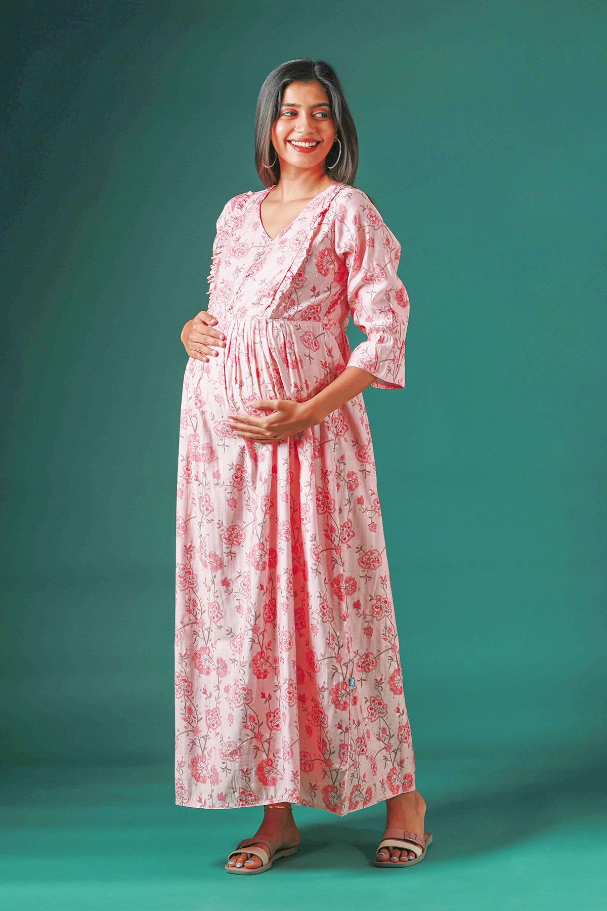 All Over Floral Printed Maternity Dress with Ruffled Yoke Pink
