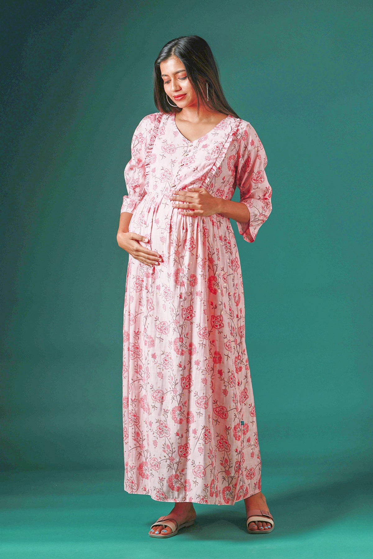 All Over Floral Printed Maternity Dress with Ruffled Yoke Pink
