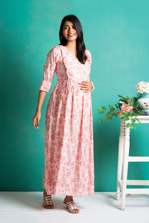 All Over Floral Printed Maternity Dress with Ruffled Yoke Pink