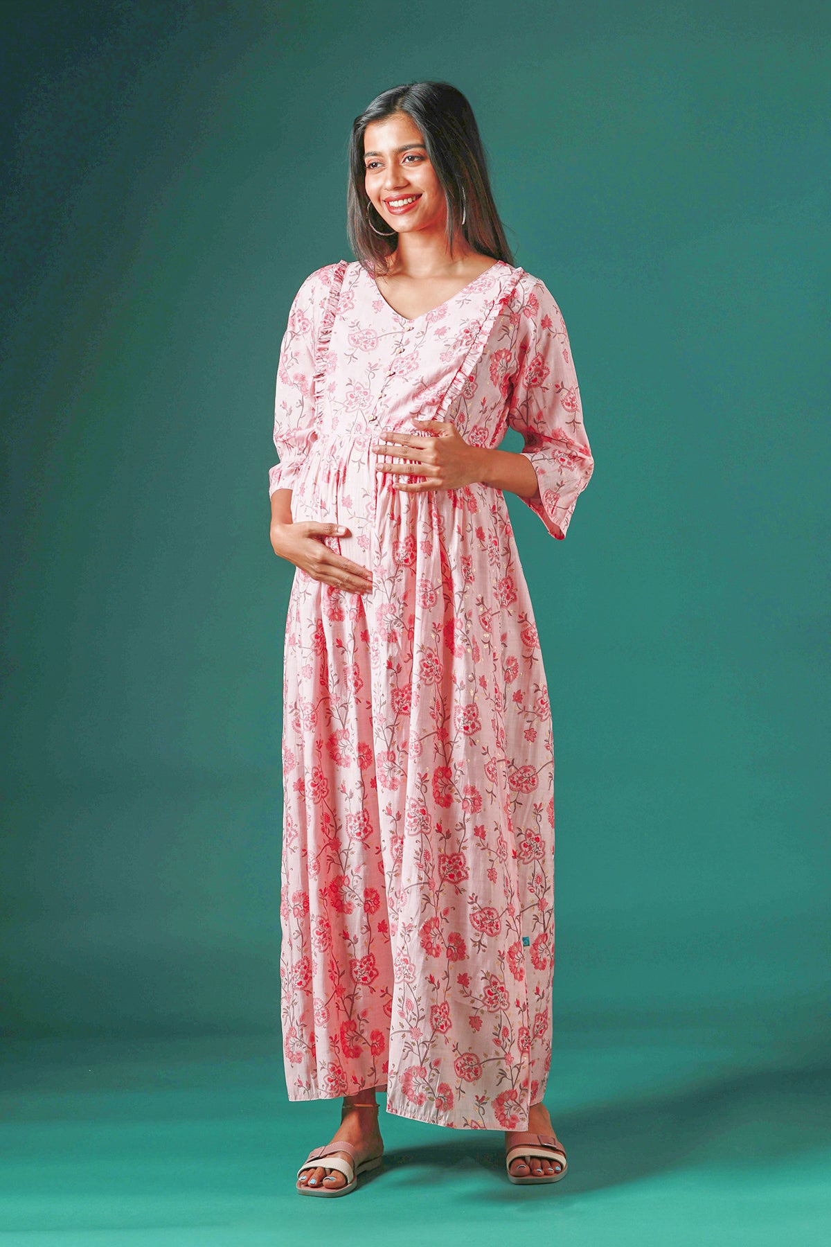 All Over Floral Printed Maternity Dress with Ruffled Yoke Pink