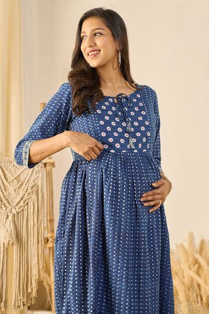 Indigo Printed Maternity Dress - Blue
