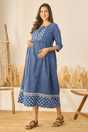 Indigo Printed Maternity Dress - Blue