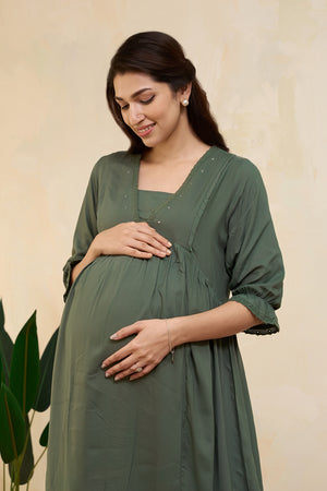 Foil Mirror Embellished Maternity Dress - Green