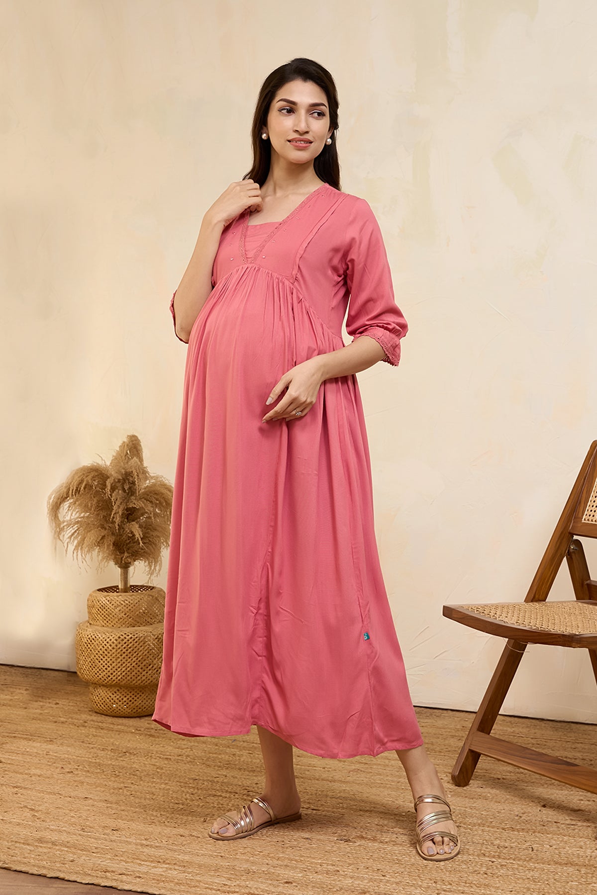 Foil Mirror Embellished Maternity Dress - Pink