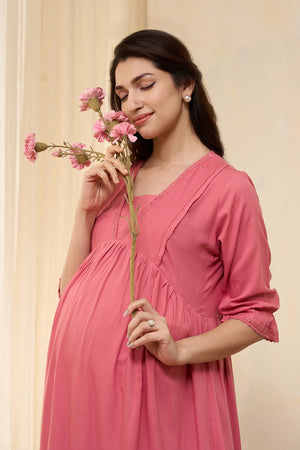 Foil Mirror Embellished Maternity Dress - Pink