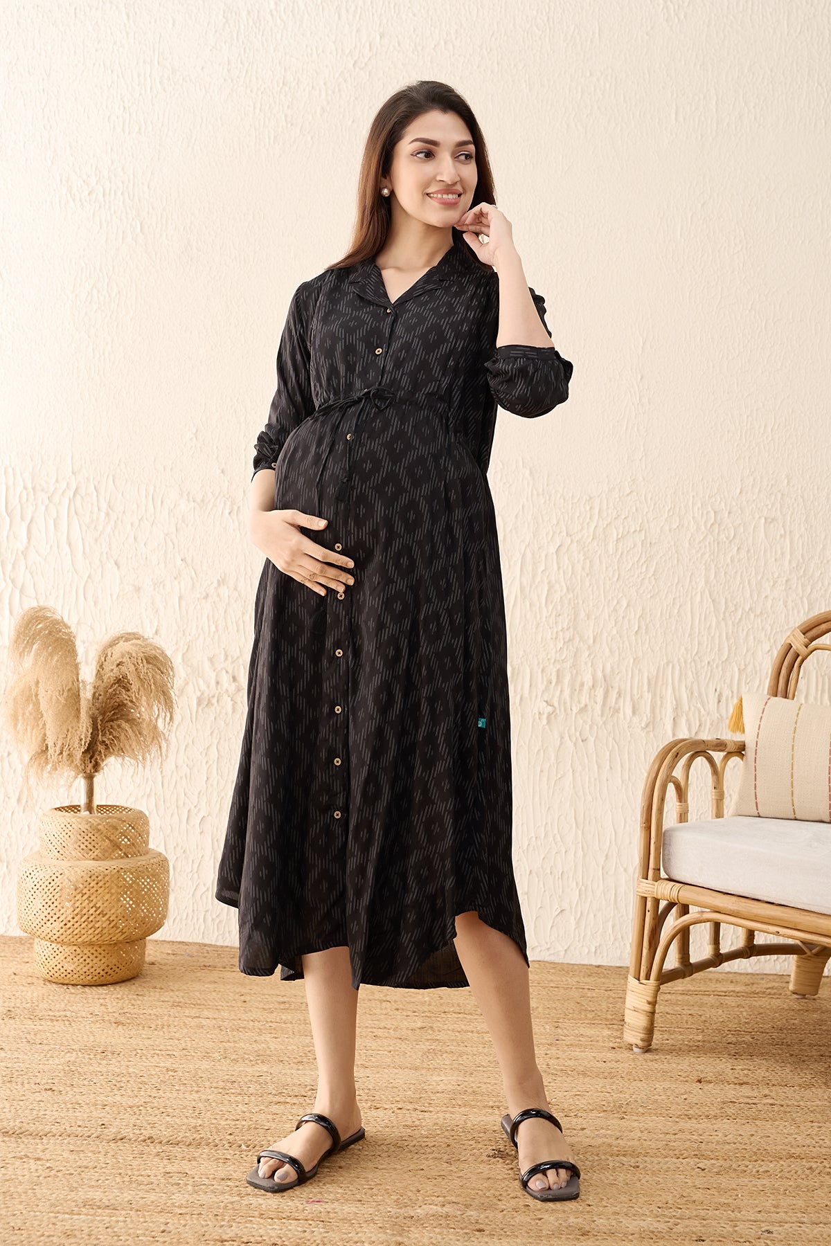 Geometric Printed Maternity Dress with Waist Tie- up - Black