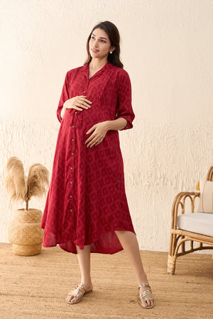 Geometric Printed Maternity Dress with Waist Tie- up - Red