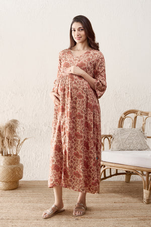 Floral Printed Maternity Dress - Brown