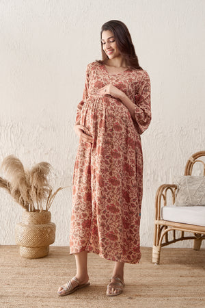 Floral Printed Maternity Dress - Brown