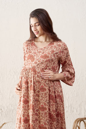 Floral Printed Maternity Dress - Brown