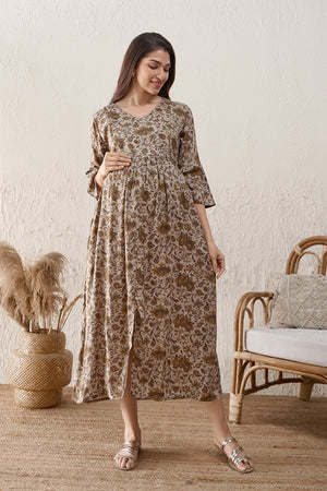 Floral Printed Maternity Dress - Grey