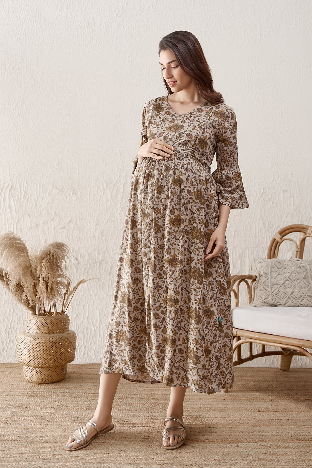 Floral Printed Maternity Dress - Grey