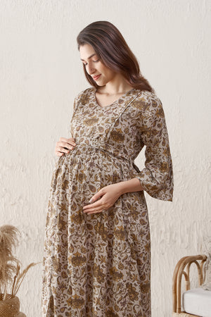 Floral Printed Maternity Dress - Grey