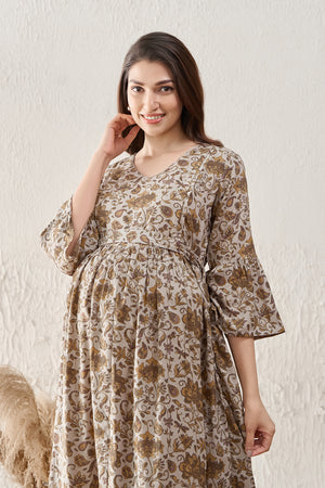 Floral Printed Maternity Dress - Grey