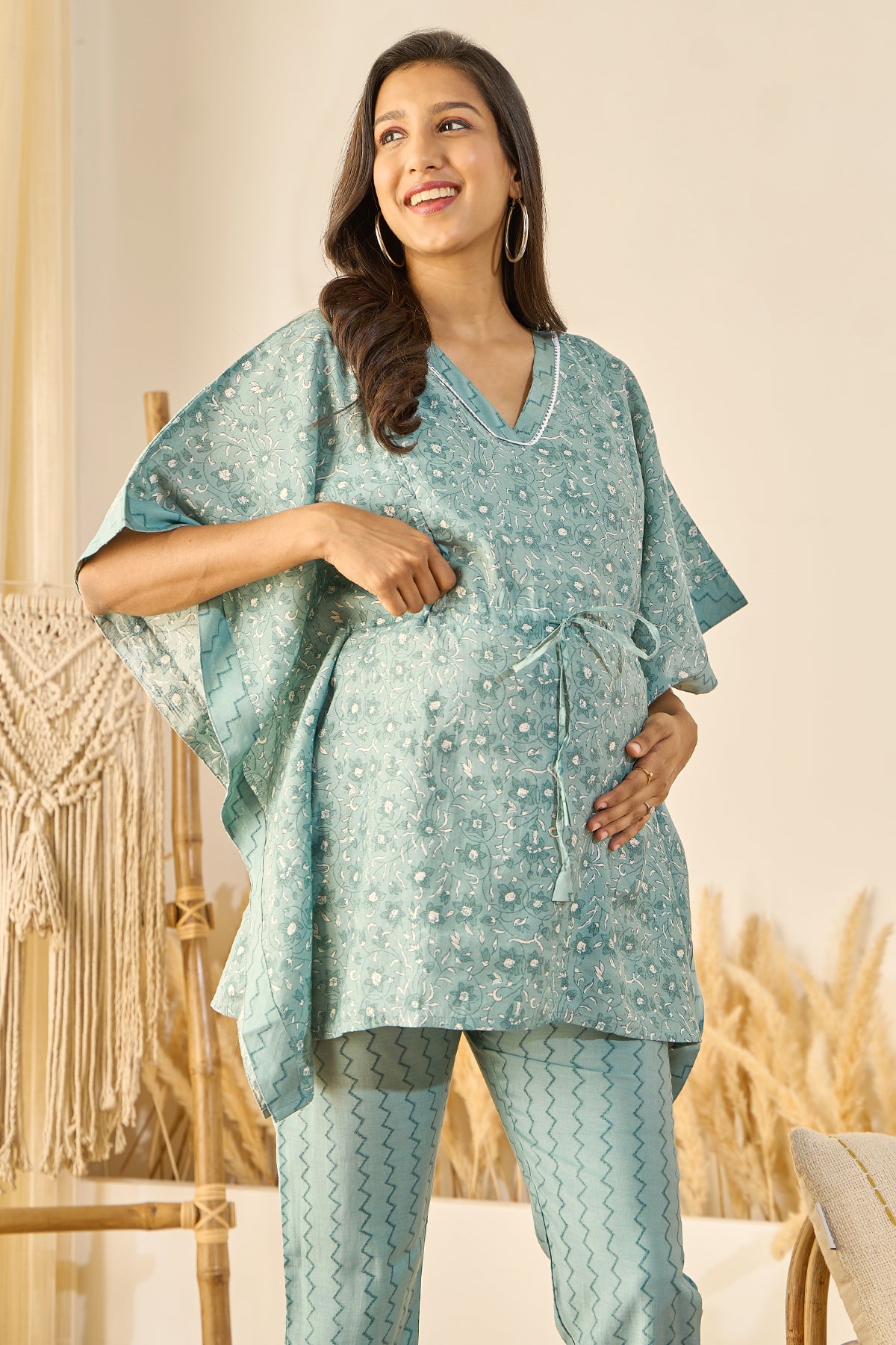 Floral Printed Maternity Kaftan Set - Blue
