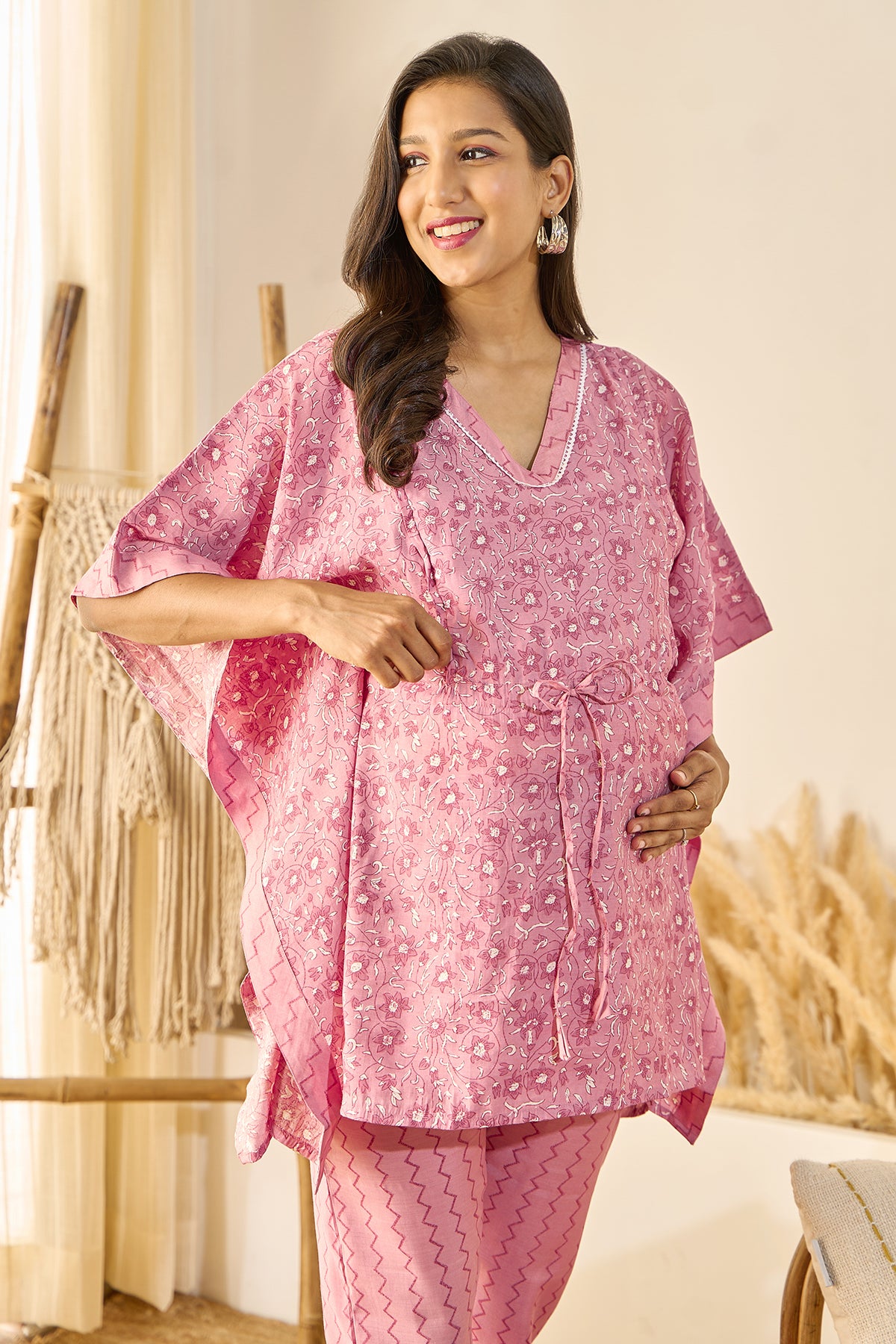 Floral Printed Maternity Kaftan Set - Pink