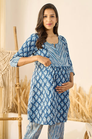 Floral Printed Maternity Co-ord Set -  Blue
