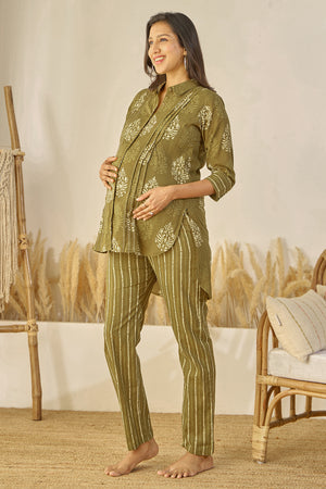 Block Printed Maternity Co-ord Set - Green
