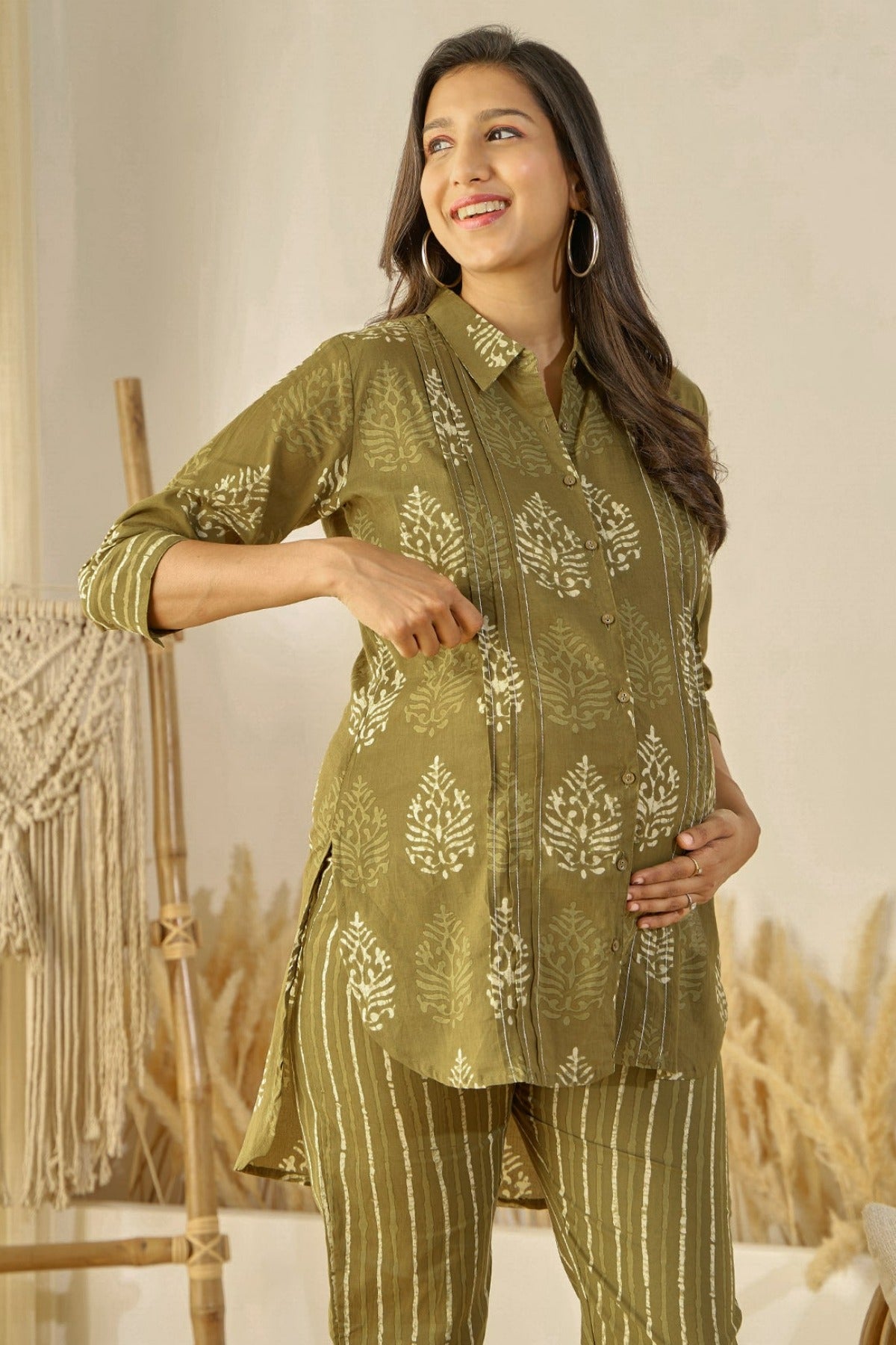 Block Printed Maternity Co-ord Set - Green