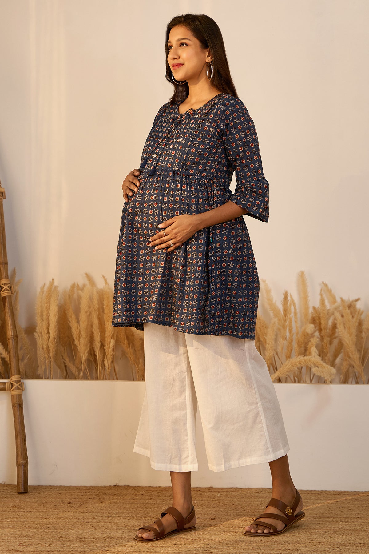 Printed Ajrakh Maternity Tunic with Foil Mirror Embellishment - Blue
