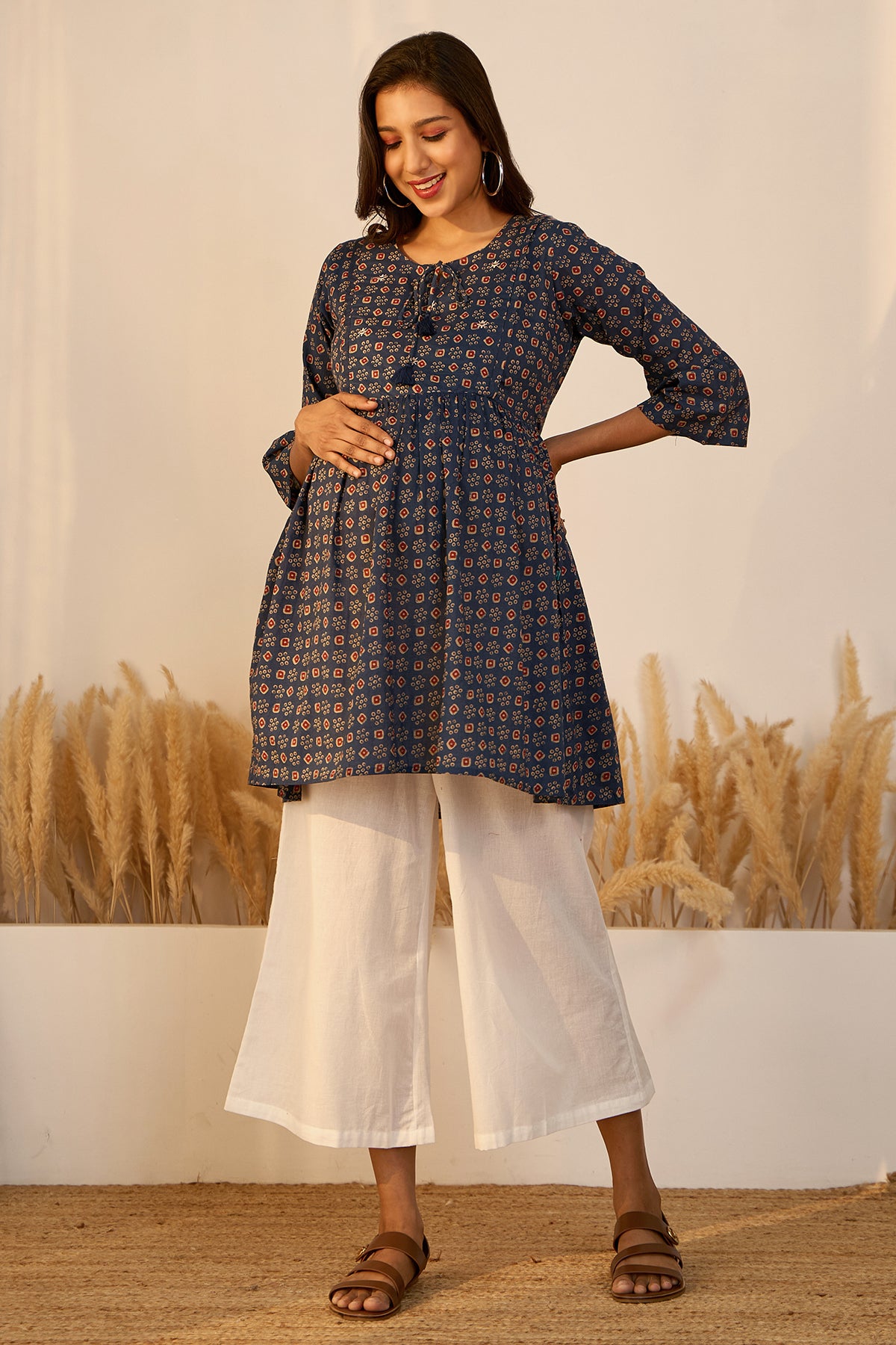 Printed Ajrakh Maternity Tunic with Foil Mirror Embellishment - Blue
