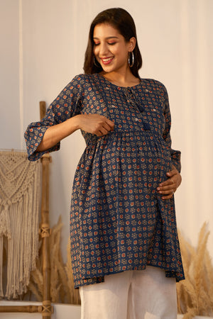 Printed Ajrakh Maternity Tunic with Foil Mirror Embellishment - Blue
