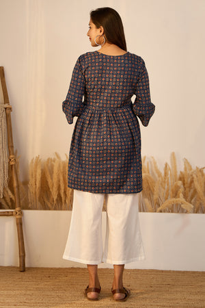 Printed Ajrakh Maternity Tunic with Foil Mirror Embellishment - Blue
