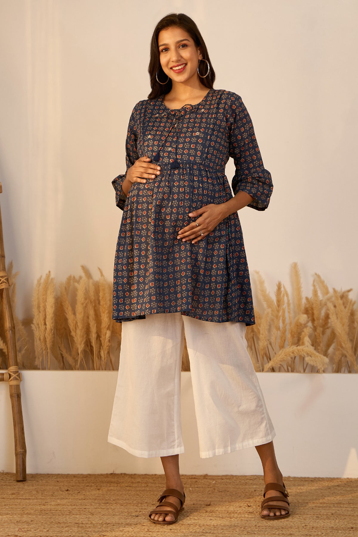 Printed Ajrakh Maternity Tunic with Foil Mirror Embellishment - Blue