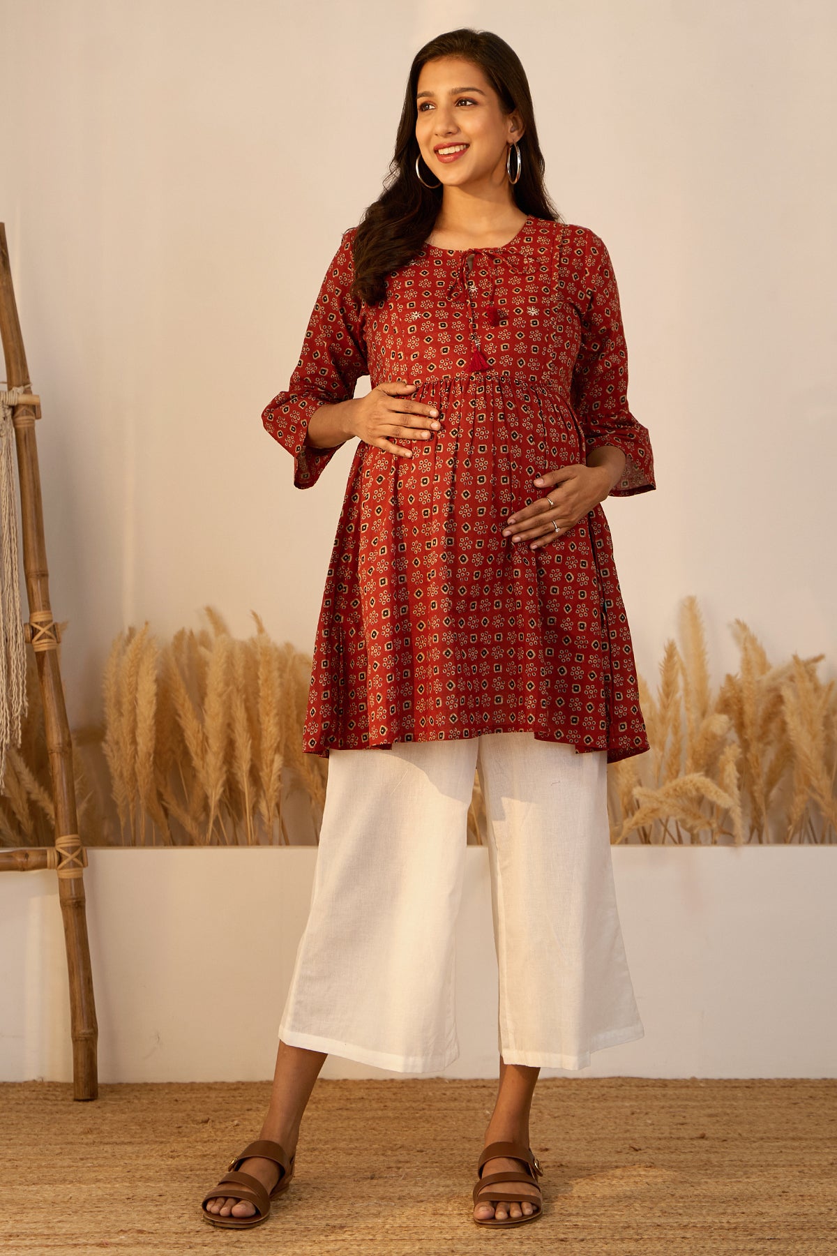 Printed Ajrakh Maternity Tunic with Foil Mirror Embellishment - Red
